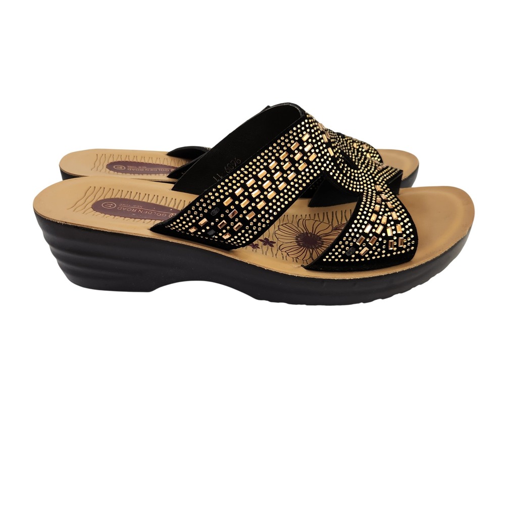 Golden Road Women's Black Gold Rhinestone Wedge Sandals Shoes Size 11 - Picture 12 of 14